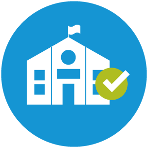 blue circle with school building and checkmark icons inside
